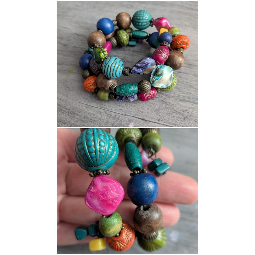 Boho Multi Strand Beaded Wrap Bracelet Wood Shell Mixed Media Colorful Statement